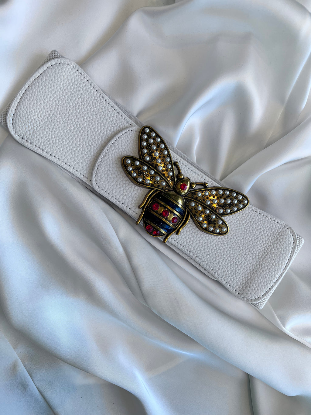 White Leather Bee Belt